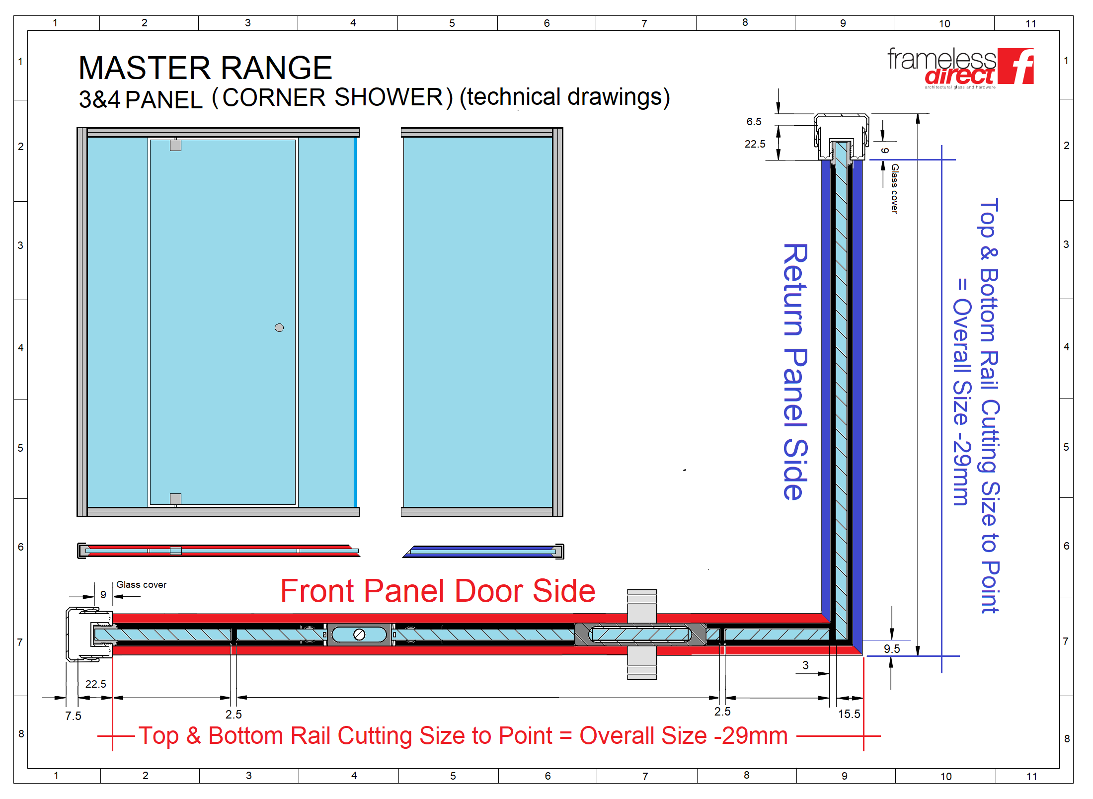 MASTER RANGE RETURN PANEL 890 OPENING SIZE suits MRFP-860 Fixed Panel, Top & Bottom Cutting Rail Size to Mitred Point = 861