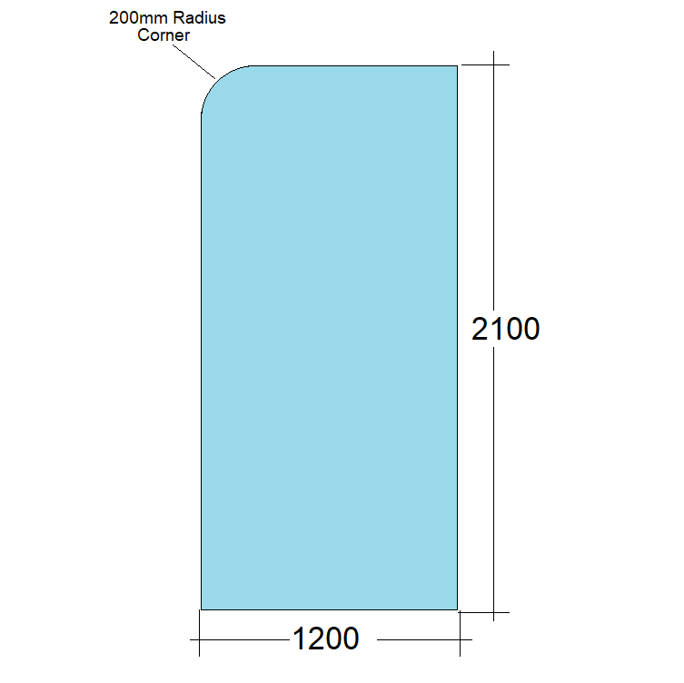 Radius Corner Shower Fixed Panel, H:2100mm W:1200mm with Radius 200mm (no holes)