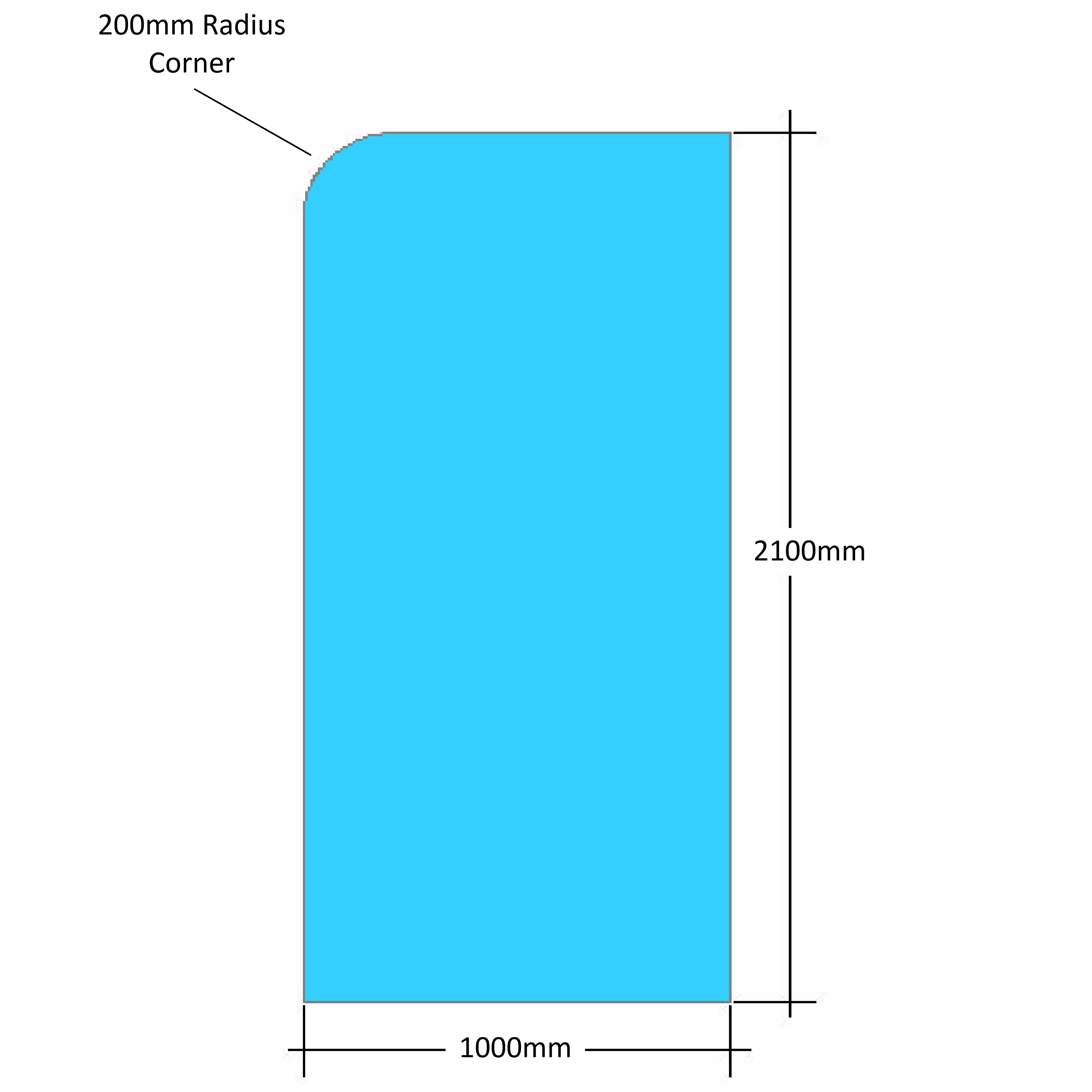 Radius Corner Shower Fixed Panel, H:2100mm W:1000mm with Radius 200mm (no holes)